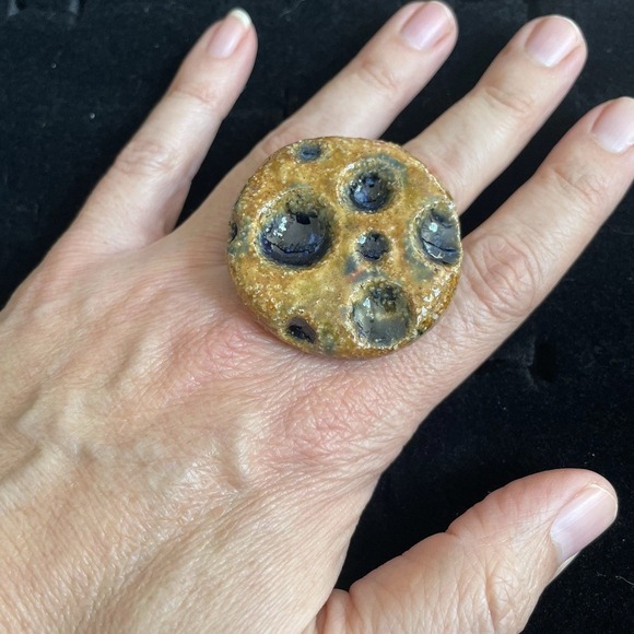 Handmade Jewelry - Cratered Moon Handmade Artisan Ceramic Ring Adjustable Oversized Maximalist